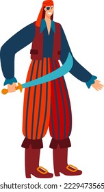 Pirate character male in bandana, traditional costume ocean bandit hold eastern sabre isolated on white, cartoon vector illustration.