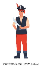 Pirate character, man in pirate hat with skull and crossed bones. Pirate with a sword. Vector illustration