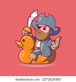 Pirate character riding a yellow rubber duck vector illustration. Imagination, funny, story design concept.