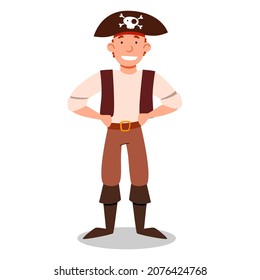 pirate character in a suit, hat, hands on the waist. vector illustration