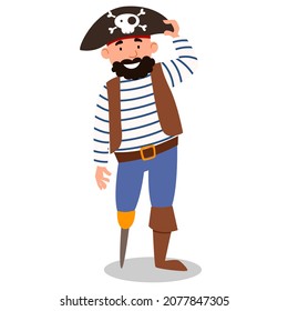 a pirate character in a suit, a hat, without a leg and with a beard.