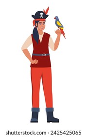 Pirate character, woman in pirate hat with skull and crossed bones. Girl pirate with a parrot. Vector illustration