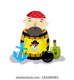 Pirate character in wooden barrel icon. Children drawing of pirate concept vector illustration isolated on white background.