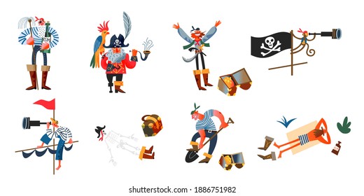 Pirate characters and objects set. Captain with parrot, sailor with bottle, monkey, boy with spyglass, digging gold, skeleton. Adventure and marine piracy vector illustration.