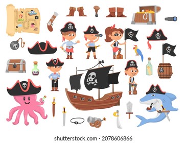 Pirate characters. Pirates ship, treasure wood chest. Isolated ocean adventures elements, funny octopus and shark. Children play in costume, decent vector kit