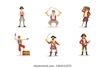 Pirate Characters Posing in Different Situations Vector Illustrations