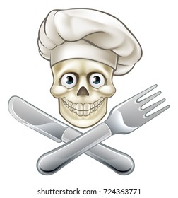 Pirate chef cartoon skull and crossbones with cross knife and fork and hat