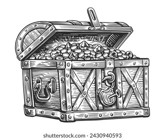 Pirate chest full of treasures of gold coins and precious stones. Hand drawn vector illustration in engraving style