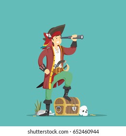 Pirata y pecho de oro. Ilustración vectorial.