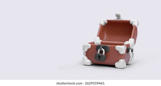 Pirate Chest Icon, 3D Open Treasure Box with Stylized White Bones and Padlocks in Minimal Cartoon Style. Perfect for Games, Adventure, or Security Concepts. Vector Illustration.