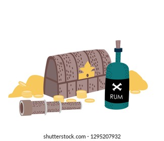 pirate chest, rum and telescope