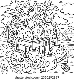 Pirate Chest with Skulls Coloring Page for Kids
