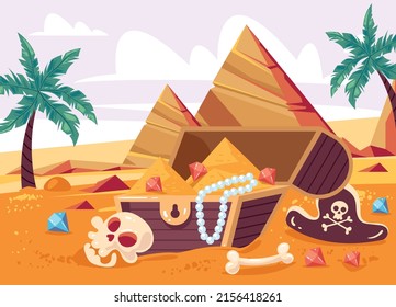 Pirate chest treasure on desert island concept. Vector flat cartoon graphic design illustration