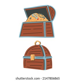 Pirate chest with treasures vector cartoon illustration isolated on a white background.