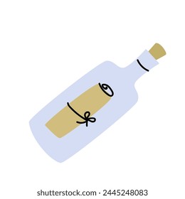 Pirate childish adventure bottle with letter message. SOS signal and rescue symbol icon. Doodle illustration with paper scroll in bottle. Cartoon illustration. 