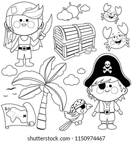 Pirate children and other pirate objects. Vector black and white coloring page.