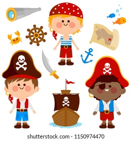 海賊の衣装を身にまとった男の子のベクター画像コレクション 船 その他の海賊をテーマにしたイラスト のベクター画像素材 ロイヤリティフリー
