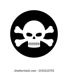 Pirate circle black mark symbol with skull and crossbones vector illustration. Corsair seal black label with skull head and cross bones - halloween or patry props. Flat design cartoon style image.