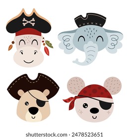 Pirate clipart. Pirate animal faces clipart. Pirate animal head clip art in cartoon flat style. Hand drawn vector illustration.