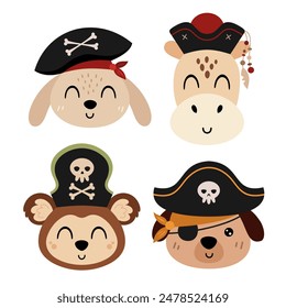 Pirate clipart. Pirate animal faces clipart. Pirate animal head clip art in cartoon flat style. Hand drawn vector illustration.