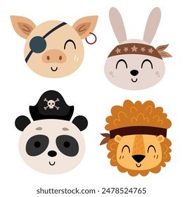 Pirate clipart. Pirate animal faces clipart. Pirate animal head clip art in cartoon flat style. Hand drawn vector illustration.