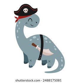 Pirate clipart. Pirate dinosaur clipart. Dinosaur in cartoon flat style. Hand drawn vector illustration.