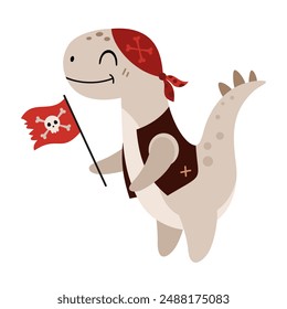 Pirate clipart. Pirate dinosaur clipart. Dinosaur in cartoon flat style. Hand drawn vector illustration.