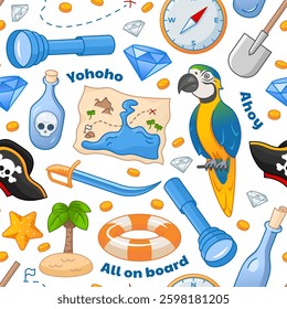 Pirate clipart with macaw parrot, treasure map in cartoon style on white background seamless pattern.