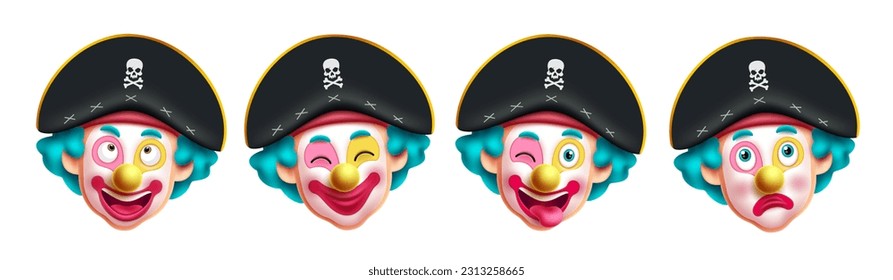 Pirate clown characters vector set design. Halloween and  birthday party costume and mascot collection. Vector illustration clown pirate character isolated in white.