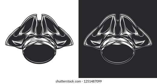 Pirate cocked hat. Monochrome vector illustration on white and dark background