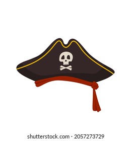 Pirate cocked hat with skull and crossbones. Festive headdress for masquerade, carnival or holiday
