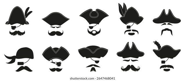 Pirata embutiu ícones de máscara com chapéu e barba. Conjunto de chapéu e barba preto pirata
