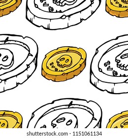 Pirate coins seamless pattern. Vector illustration of a gold coins with a skull seamless pattern. Hand drawn pirated gold coins.