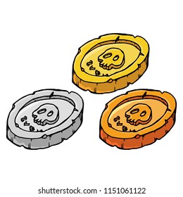 Pirate coins. Vector illustration of a gold, silver and bronze old coins. Hand drawn pirated old coins.