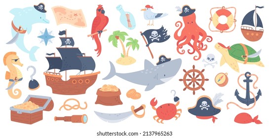 Colección pirata, sombrero capitán, barco de batalla, personajes de animales marinos con disfraces piratas. El pulpo y el tiburón en sombrero de capitán, bandera con cráneo, mapa del tesoro, elementos de aventuras marinas conjunto vectores