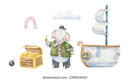 Colección pirata. Pirata elefante con velero de hookcomb y tesoro en un cofre de madera. Ilustración corta de mano infantil