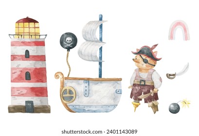 Piratenkollektion. Fox Pirat mit einem Schwert und ein Piratenschiff. Handgezeichnetes rotes Leuchtturm. Cute, handgezeichnet, Illustration auf isoliertem Hintergrund
