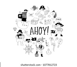 Colección pirata de personajes e iconos dibujados a mano, fiesta de concepto de cumpleaños