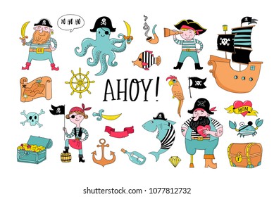 Pirate collection of hand drawn characters and icons, birthday concept party