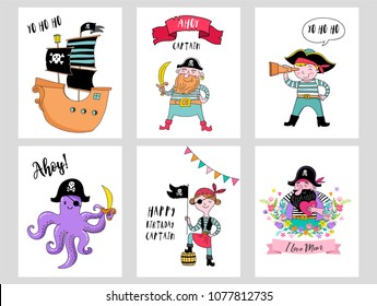 Pirate collection of hand drawn characters and icons, birthday concept party