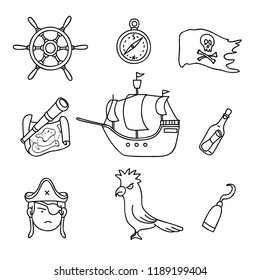 Pirate collection of hand drawn characters and icons. pirates doodle set