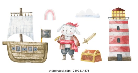 Pirate Collection. Hare pirate with a spyglass and a sailboat and treasure in a wooden chest. Drawing lighthouse. Cute baby hand drawn illustration on isolated background