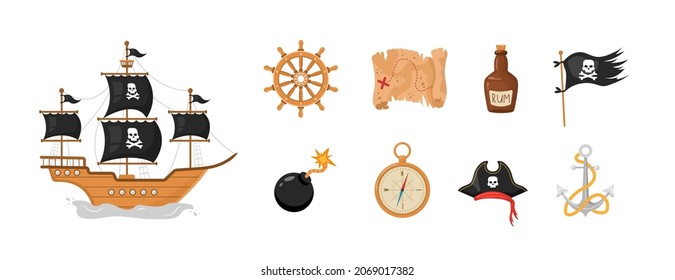 Pirate collection. Ship, flag, hat, map, anchor, compass. Piracy items isolated on white background. Childish vector illustration in flat cartoon style.
