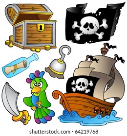 Pirate collection with wooden ship - vector illustration.
