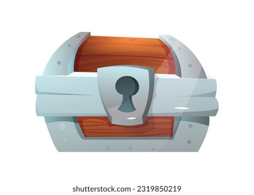 Pirate color icon. Closed chest with gold and jewels treasure from fairy tales. Sticker with locked wooden box for apps and social media. Cartoon flat vector illustration isolated on white background