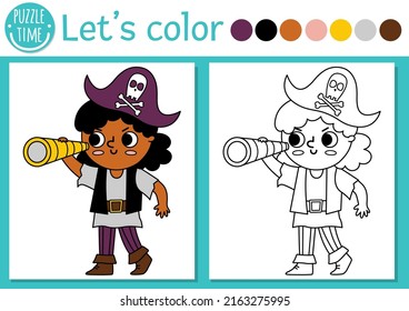 Pirate Coloring Page For Children With Pirate Girl Looking In Telescope. Vector Treasure Island Outline Illustration. Color Book For Kids With Colored Example. Drawing Skills Printable Worksheet
