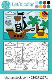 Pirate coloring page for children with palm trees, treasure chest, pirate ship. Vector treasure island outline illustration. Color book for kids with colored example. Drawing printable worksheet
