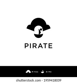 Pirate combination between hat and ship logo design vector