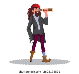 pirate composition corsair character looking through a monocle, vector illustration.