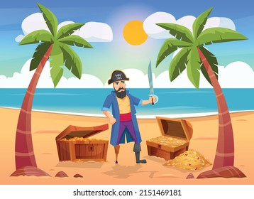 Pirate composition with island landscape human character with treasure chest vector illustration